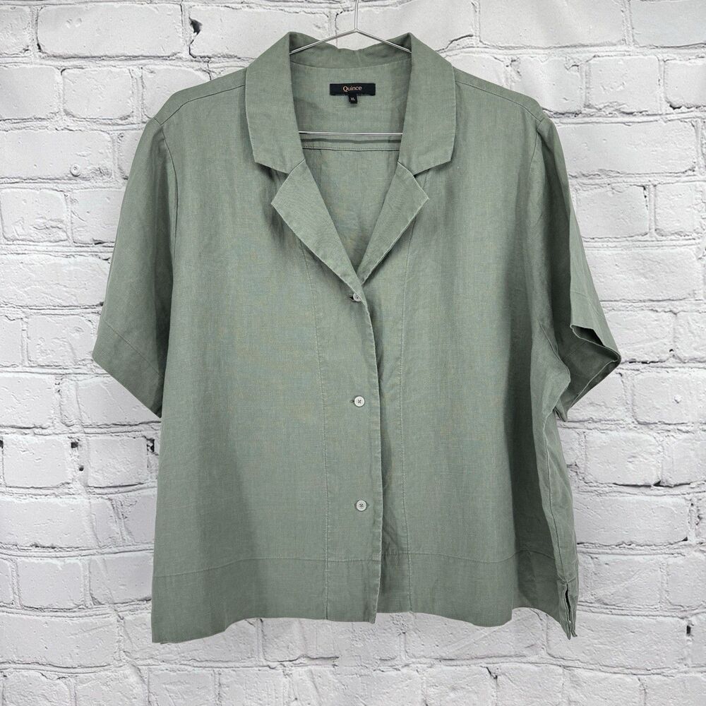 Quince Linen Shirt Women’s XL Sage Green 100% European Linen Short Sleeve Boxy